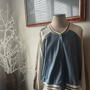 THE BOMB LOOK! Blue and Cream Bomber Jacket (light stain on left arm-see pic)